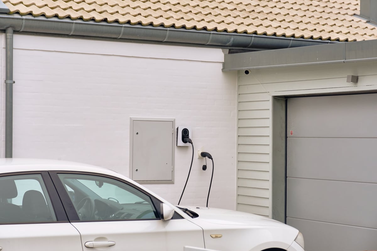 Tygelsjö, Sweden ; August 4, 2025: White electric car and wall charger at home driveway in Sweden.
